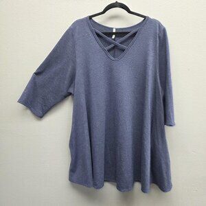 Voll Shirt Womens 3XL Blue Criss Cross V Neck 3/4 Sleeve Tunic Swing Pocket Top